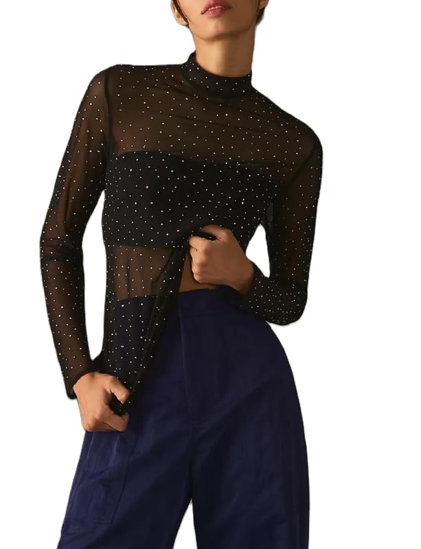 Sheer Mesh Long Sleeve Layering Top for Women Mock Neck Floral Lace Tshirt See Through Tee Shirt Blouse(Bright Black,Medium
