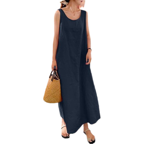 HongyMZXN Women's Solid Color Cotton and Linen Loose Dress Street Simple Temperament Sleeveless Dress Summer Large Size Comfortable Dress with Pockets M Navy Blue