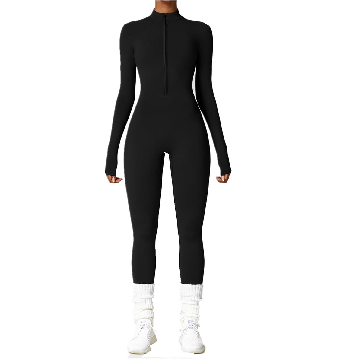 HOMDECR Jumpsuit for Women Ribbed Long Sleeve Jumpsuits Seamless Yoga Unitards Zip Up Ladies Romper All In One Jumpsuit Playsuit (Black,XL)