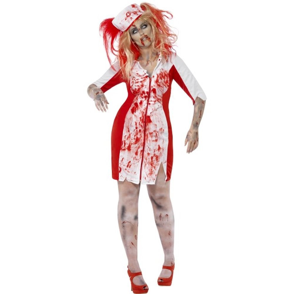 Smiffys Curves Zombie Nurse Costume, White Dress & Headpiece, Halloween Zombie Alley Fancy Dress, Zombie Dress Up Costumes
