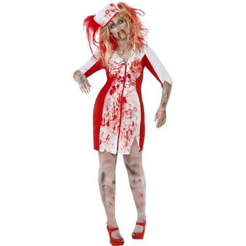 Smiffys Curves Zombie Nurse Costume, White Dress & Headpiece, Halloween Zombie Alley Fancy Dress, Zombie Dress Up Costumes