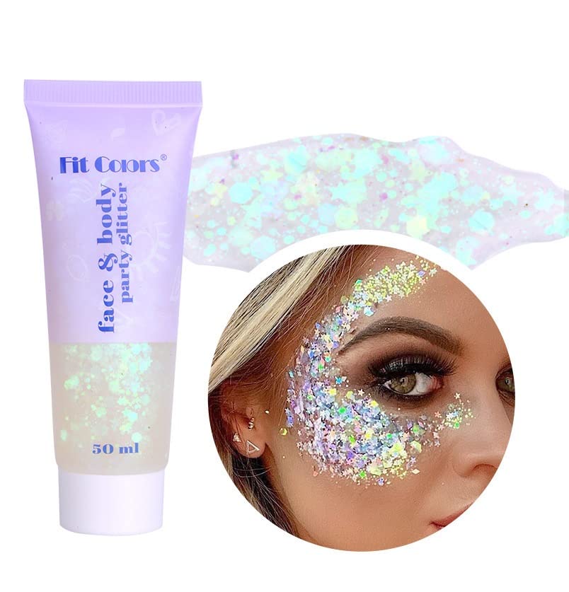 Body Glitter Gel, 50ML Face Glitters Body Gel Sequins Shimmer Liquid Eyeshadow, Mermaid Sequins Liquid Holographic Glitter Gel, Chunky Glitter for Face Hair Nails (White)