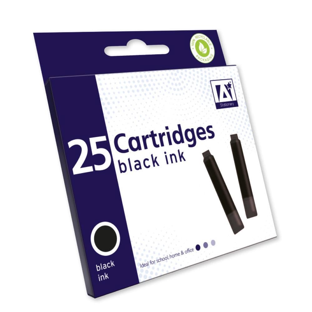 25 x Standard Sized Universal Black Fountain Pen Ink Cartridge Refills