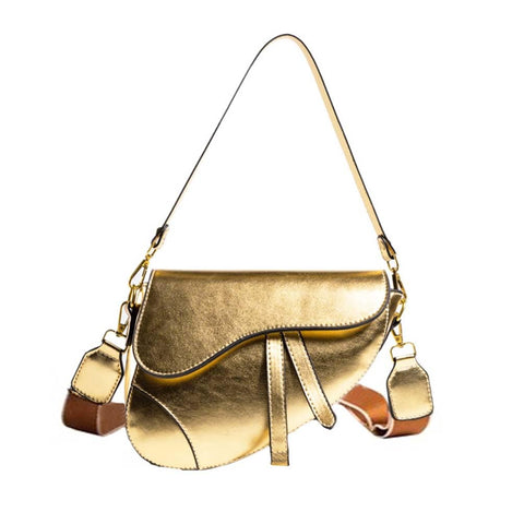 PURFANREE Women Trendy Small Clutch Purse Saddle Shoulder Bag Underarm Handbag Satchel HandBag Crossbody Bag, Metalic Gold, One Size