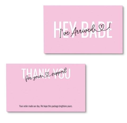 ITZAMNA Hey Babe I've arrived Card Thank you for your support cards small business thank you cards Pink Script with Heart Pack of 100