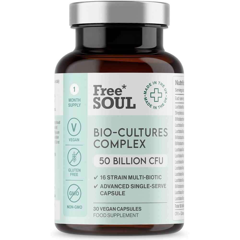 Free Soul 50 Billion CFU Pro Bio Cultures Complex with 16 Live Strains - Advanced Single Capsule Serving with Multi Strain Formula - Vegan Digestive Enzyme Supplement for Gut Health - 30 Capsules