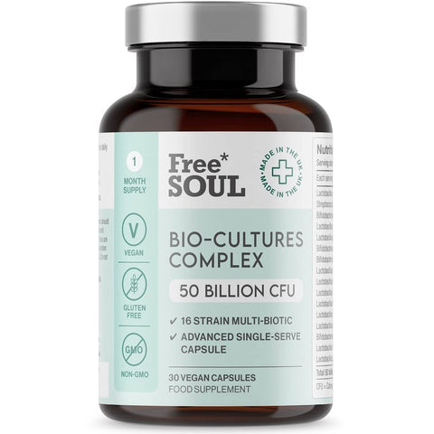 Free Soul 50 Billion CFU Pro Bio Cultures Complex with 16 Live Strains - Advanced Single Capsule Serving with Multi Strain Formula - Vegan Digestive Enzyme Supplement for Gut Health - 30 Capsules
