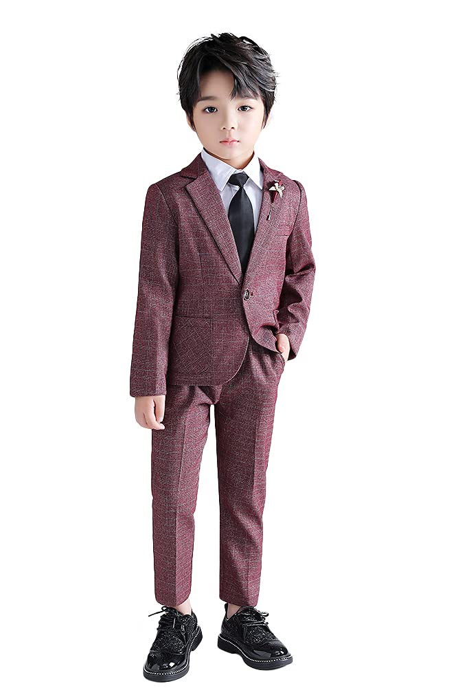 LOLANTA Kids Tweed Check Suit, 2-Piece Boys Wedding Party Outfits Jacket and Trousers, Prom Occasionwear, Red, 6-7 Years, 120