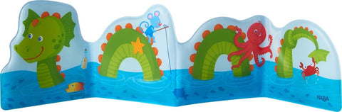 HABA Baby Bath Book Water Dragon Fridolin & Sea Friends - Fanfold Style with 8 Pages Floats Upright in The Bath or Kiddie Pool