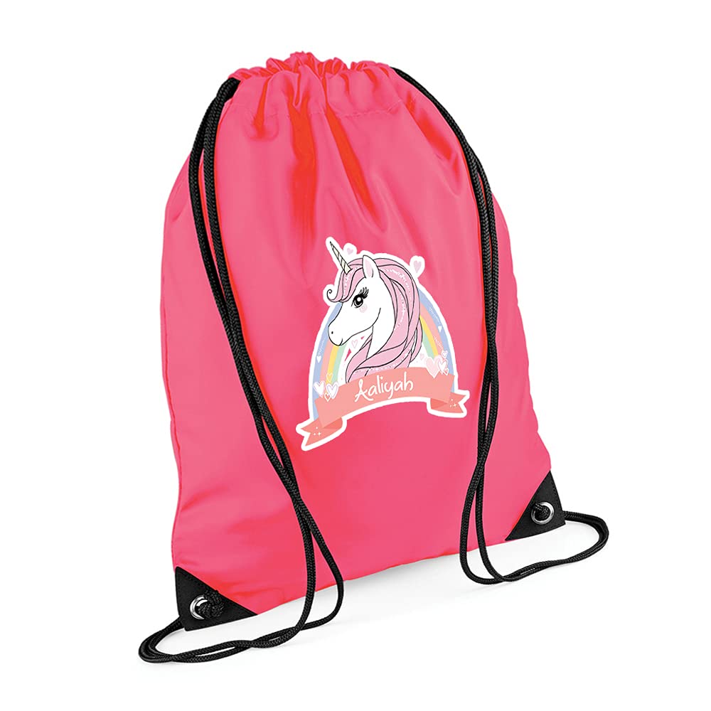 Personalised Floral Unicorn Magically Stars ANY NAME Funny Kids Birthday Gift Back To School Drawstring Bag, PE Gym Kit, Swimming Rucksack. (Fluorescent Pink)