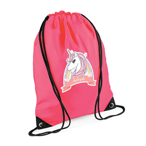Personalised Floral Unicorn Magically Stars ANY NAME Funny Kids Birthday Gift Back To School Drawstring Bag, PE Gym Kit, Swimming Rucksack. (Fluorescent Pink)