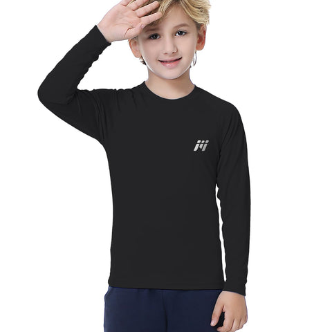 MEETWEE Children's Base Layer Boys Long Sleeve Shirt Quick Dry Kids Thermal Long Underwear,UPF50+ Boy Rash Guard Shirts Black