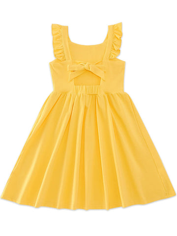 ALLIFly Little Girl Dress 4-5 Toddler Yellow Dresses Sleeveless Summer Tie Back Ruffle Beach Sundress