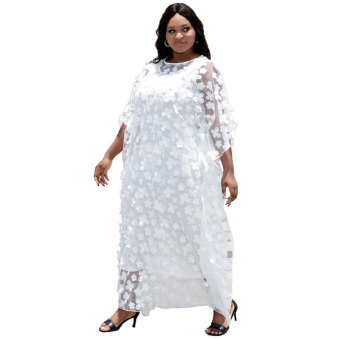 HD Afircan Women All Flower Applique Dress Boat Neck White Caftan Chiffon Gown One Size