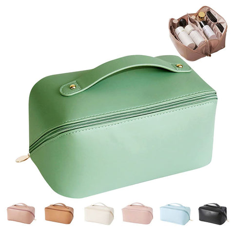 MINGRI Large Capacity Travel Cosmetic Bag for Women,Portable PU Leather Makeup Bag Water Resistant,Flat Open Multifunctional Storage Travel Toiletry Bag with Divider and Handle(Green)