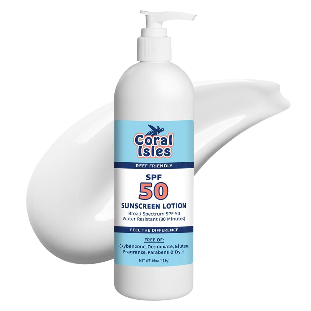 Coral Isles Sunscreen SPF 50 Lotion - Hawaii 104 Reef Act Compliant (Octinoxate & Oxybenzone Free) - Broad Spectrum UVA/UVB Protection - Waterproof - Odorless Skin Protector (16 Fl Oz)