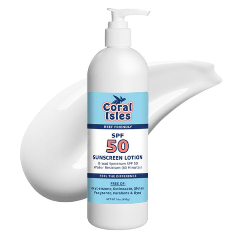 Coral Isles Sunscreen SPF 50 Lotion - Hawaii 104 Reef Act Compliant (Octinoxate & Oxybenzone Free) - Broad Spectrum UVA/UVB Protection - Waterproof - Odorless Skin Protector (16 Fl Oz)