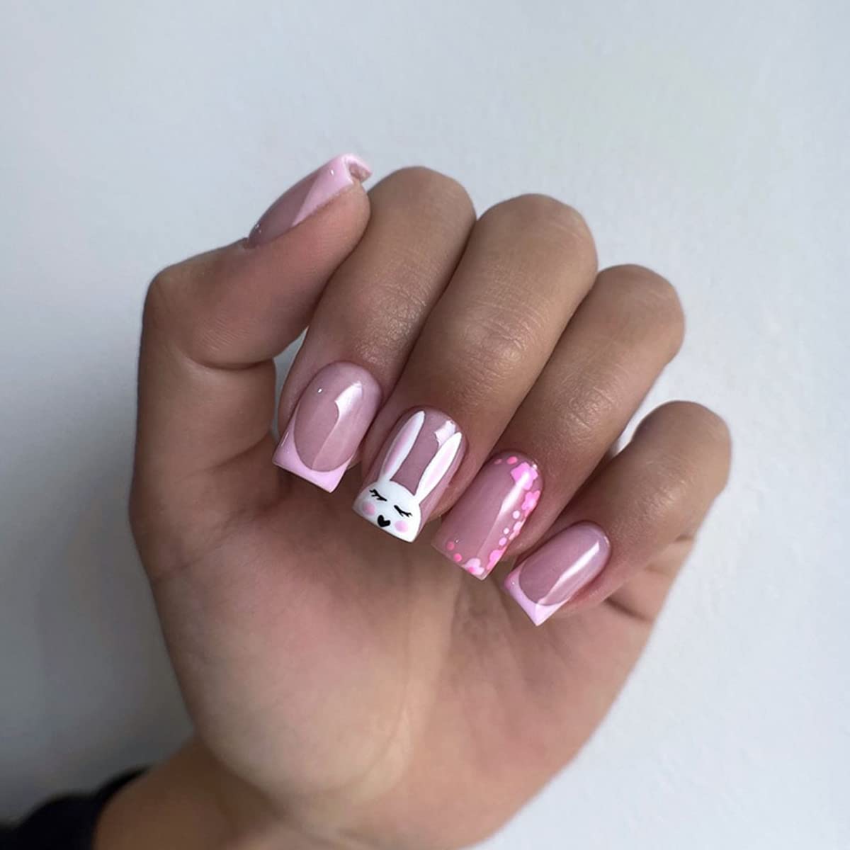 Easter Press on Nails Short Square Cute Bunny Nails Easter Rabbit False Nails with Designs French Tips Nude Pink Fake Nails Acrylic Artificial Coffin Nails Full Cover Nails for Women Girls 24Pcs