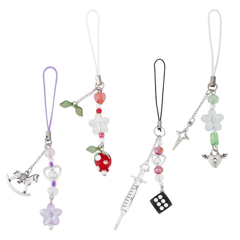 SUPERFINDINGS 4Pcs 4 Styles Strawberry Horse Cell Phone Charms with Alloy Pendants Mobile Straps with Beads Heart Flower Phone Hanging Charm Mobile Accessories Decoration with Nylon Cord 10.8-15.3cm