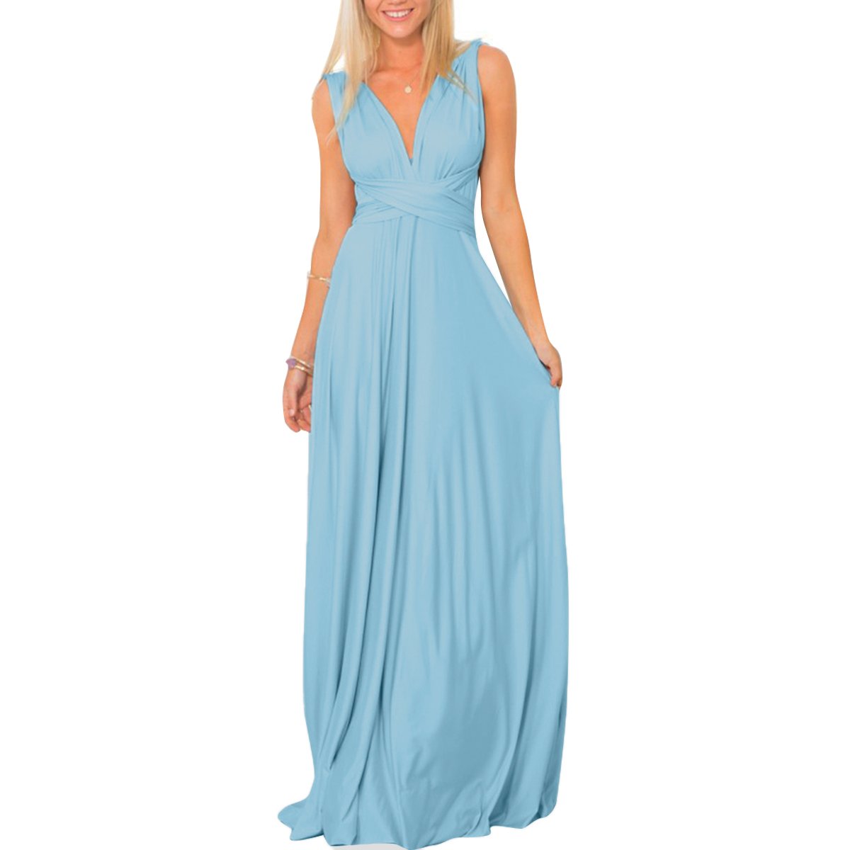 OBEEII Women's Vintage V-Neck Chiffon Bridesmaid Dress Boho Tulle Long Wedding Pageant Flowy Prom Party Evening Cocktail Maxi Gowns Light BlueM