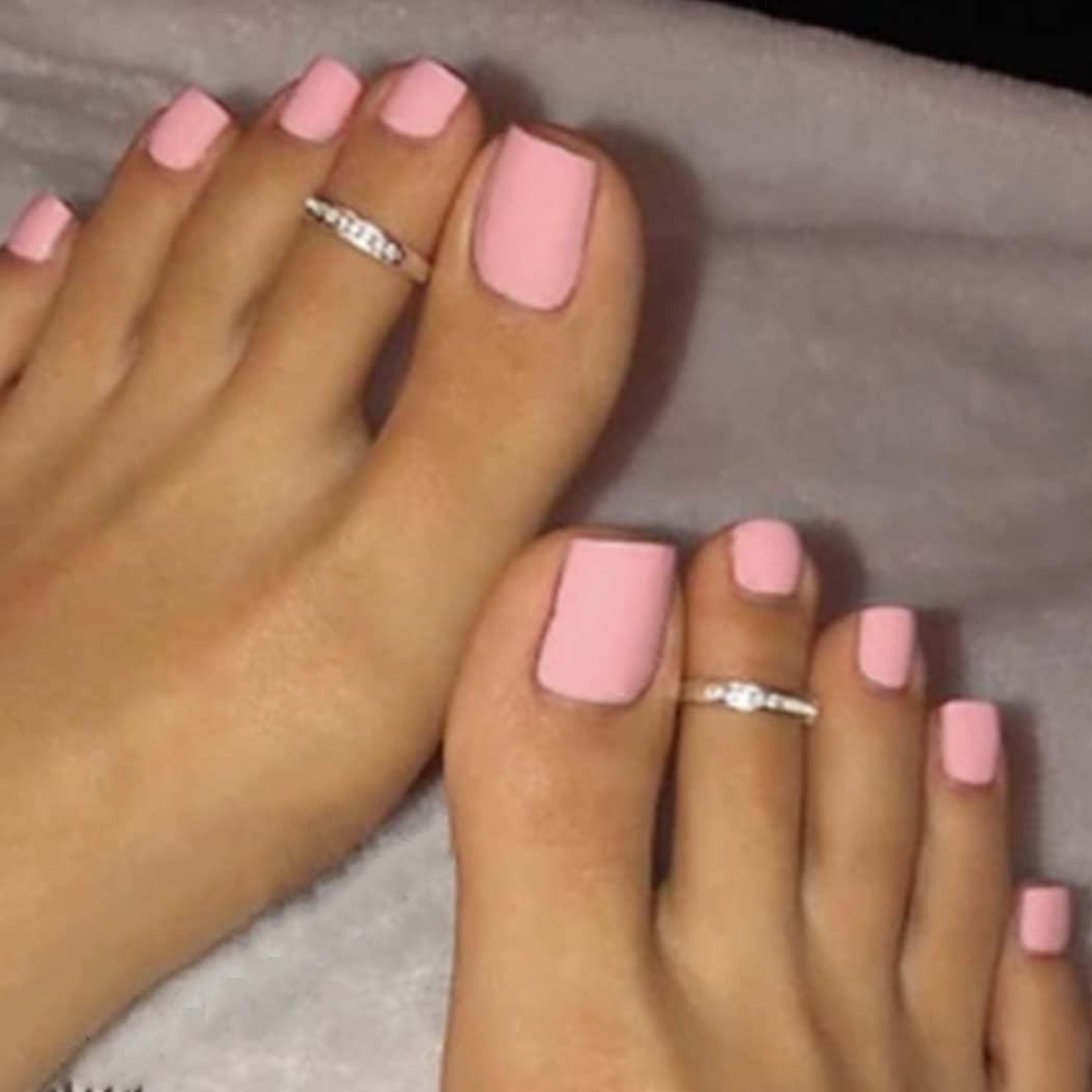 Outyua Pink Press on Toe Nails Matte Square Fake Toenails Short Solid False Toes Nails with Designs Acrylic Cute Artificial Beach Full Cover Toenail for Women 24 Pcs (Light Pink)