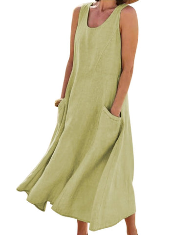 yoeasy Women's Cotton Linen Casual Loose Pockets Long Dress Plain Sleeveless Tank Dress, Light Green, M