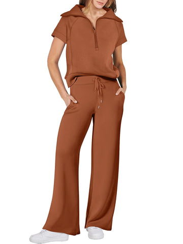 ANRABESS Women 2 Piece Outfits Sweatsuit Summer Half Zip Sweatshirt Wide Leg Pant Sweat Lounge Set Athletic Tracksuits Brownish Red Large