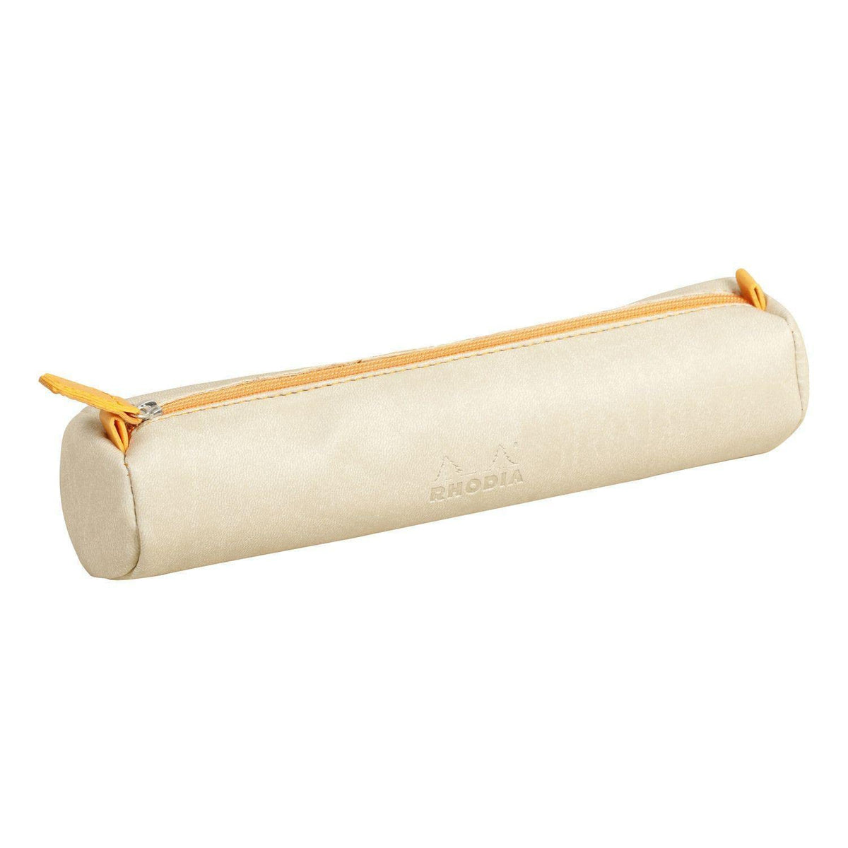 RHODIA 318895C - Rhodiarama Beige Round Pencil Case - 21.5 x 5.5 cm - Genuine Orange Stitching - Ivory Jersey Interior - Faux Leather - Storage for Pens, Pencils, Markers, Small Supplies