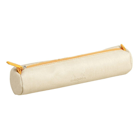 RHODIA 318895C - Rhodiarama Beige Round Pencil Case - 21.5 x 5.5 cm - Genuine Orange Stitching - Ivory Jersey Interior - Faux Leather - Storage for Pens, Pencils, Markers, Small Supplies