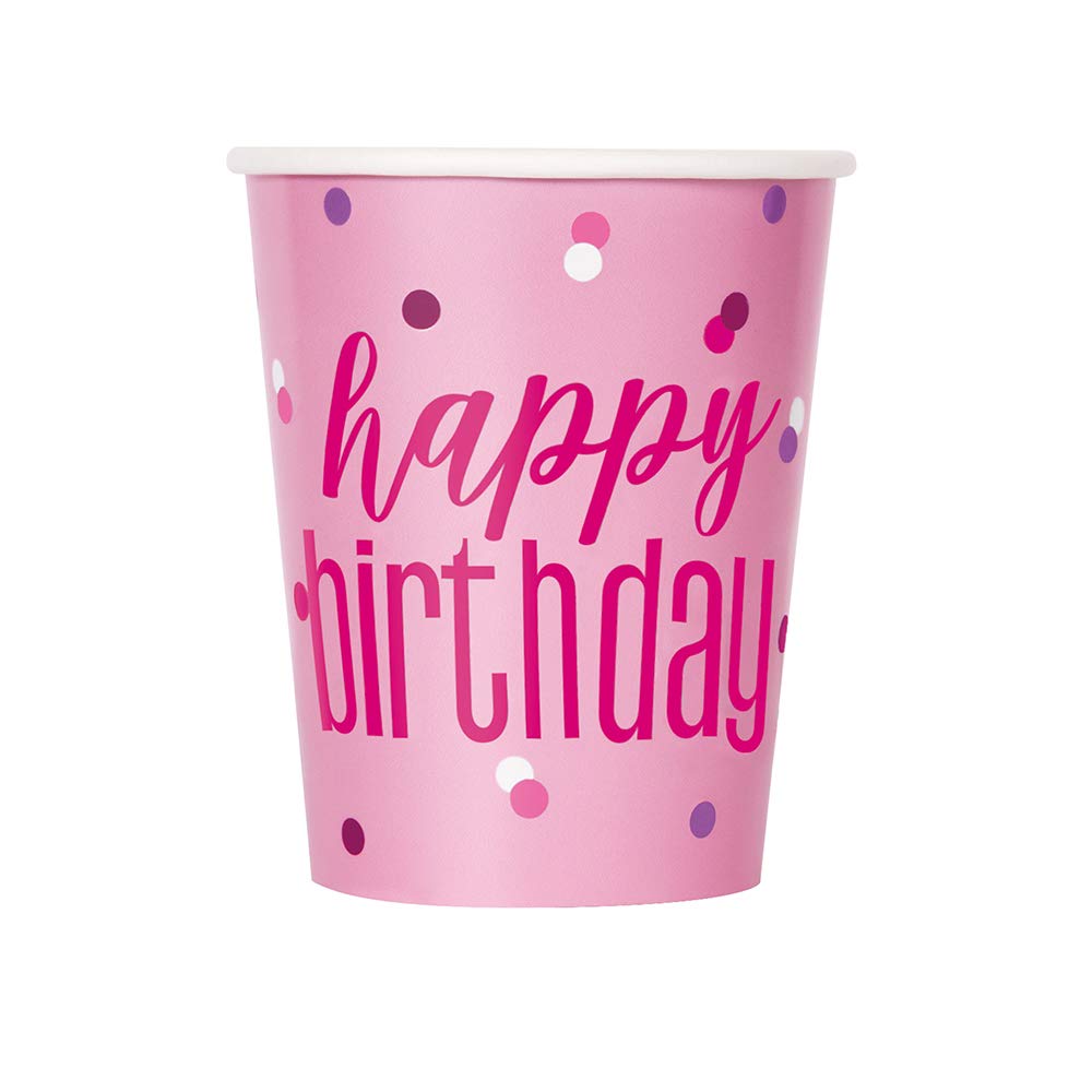 Unique Party 83608 Paper Cups, Pink, Happy Birthday