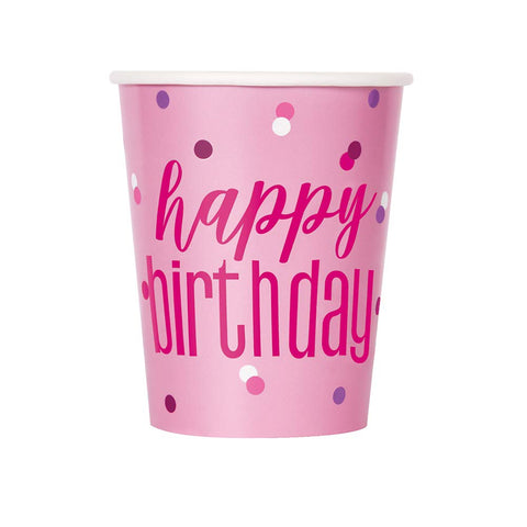 Unique Party 83608 Paper Cups, Pink, Happy Birthday