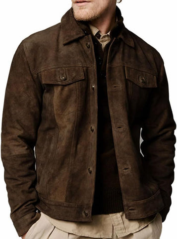 Premium Vintage Trucker Suede Leather Jacket Men Genuine Lambskin Men Leather Jackets Shirt Collar Jackets For Mens, Dark Brown Suede Leather, S