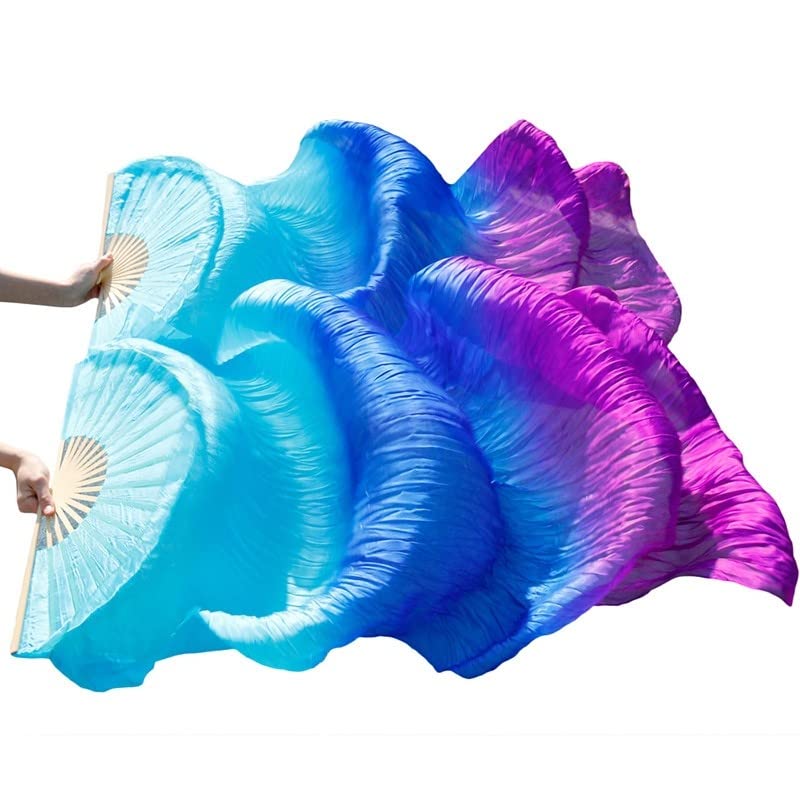 MEETOZ 1 Pair 1.8M 100% Real Silk Belly Dance Fan, National Dance Dancing Long Bamboo Fan for Party Stage Performance (Blue Purple Gradient)