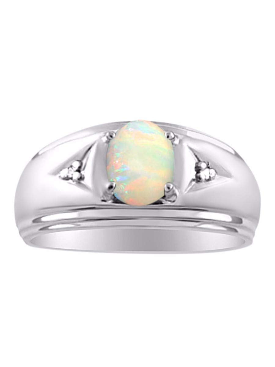 RYLOS Mens Rings Sterling Silver Classic 8X6MM Oval Gemstone & Genuine Sparkling Diamond Ring Opal October Birthstone Rings For Men, Men's Rings, Silver Rings, Sizes 8,9,10,11,12,13