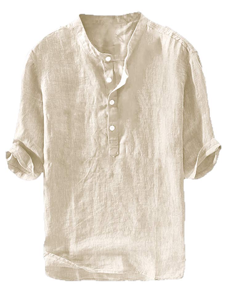 Mens Henley T-Shirt Linen Cotton Shirts Button Up Beach Tops Casual Short Sleeve Lightweight Plain Tees (Medium, Beige 02)