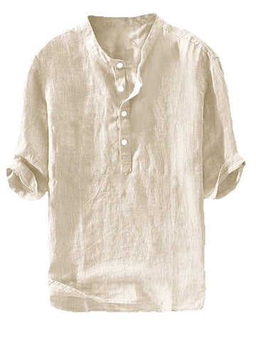 Mens Henley T-Shirt Linen Cotton Shirts Button Up Beach Tops Casual Short Sleeve Lightweight Plain Tees (Medium, Beige 02)
