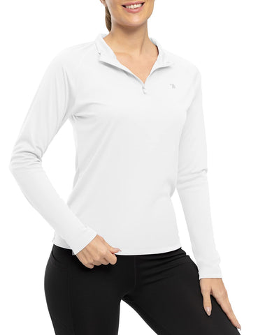 Rdruko Women's Hiking Shirts Quick Dry Long Sleeve UPF 50+ Sun Protection Quarter Zip Outdoor Athletic Shirts(White, US L)