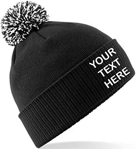 Personalised/Embroidered Mens/Ladies Pom Pom Beanie Hat, Text/Logo (Black/White)