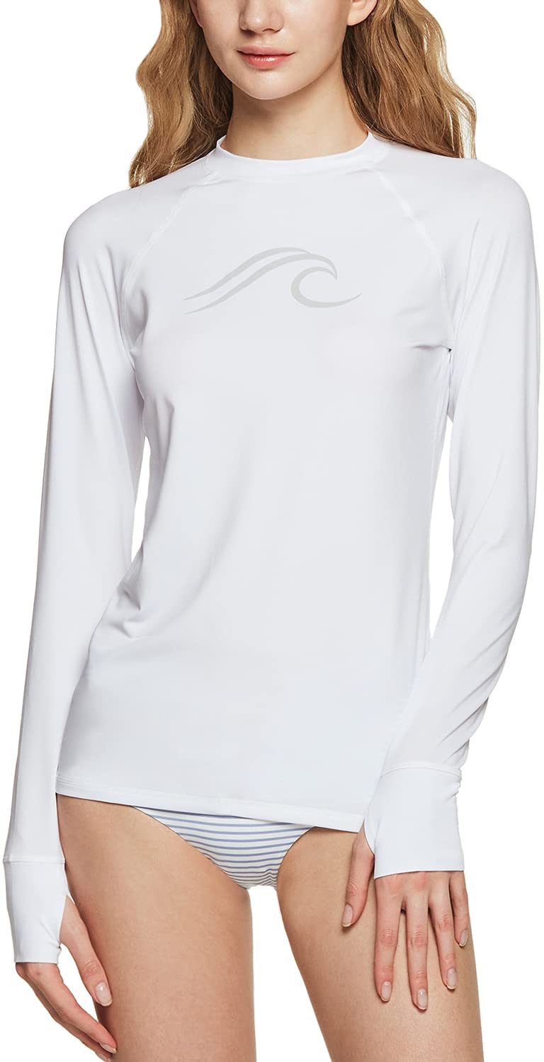 ATHLIO Women's UPF 50+ Rash Guard, Long Sleeve Surfing Swimsuit Top, UV/SPF Water Beach Swim Shirts, Thumb Hole White, X-Large