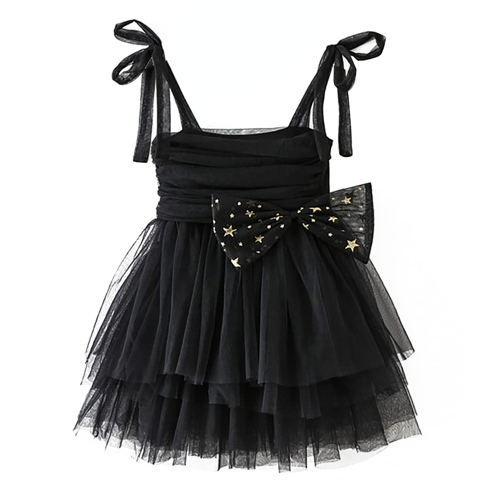IDOPIP Baby Girls Tutu Dress Summer Sleeveless Princess Birthday Party Tulle Dresses Boho Rainbow Sundress Toddler Little Girl First Communion Pageant Wedding Gown Clothes Black Bow 2-3 Years