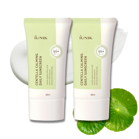 IUNIK Centella Calming Moisture Daily Sunscreen SPF 50+ PA++++ Matte & No White Cast Centella Asiatica Dry Oily Sensitive Vegan Korean Skincare - Pack of 2