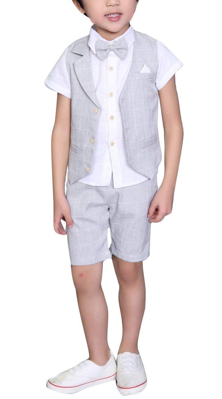 LOLANTA 4PCS Page Boy Suits Wedding, Kids Summer Short Suit Set, Ceremony Christening Partywear, Waistcoat Shorts Shirt with Bowtie, 8-9 Years, Grey, Tag 140