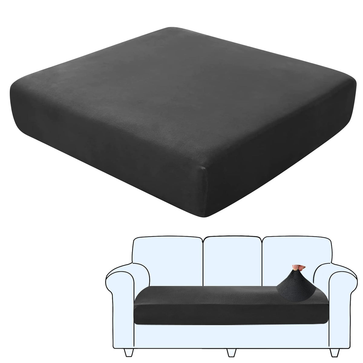 SHUOJIA Sofa Seat Cushion Covers, Stretch Velvet Sofa Cover, Non-Slip Couch Cushion Covers Replacement for Individual Cushion,with Elastic Fabric,Machine Washable (Black,3-Seater)