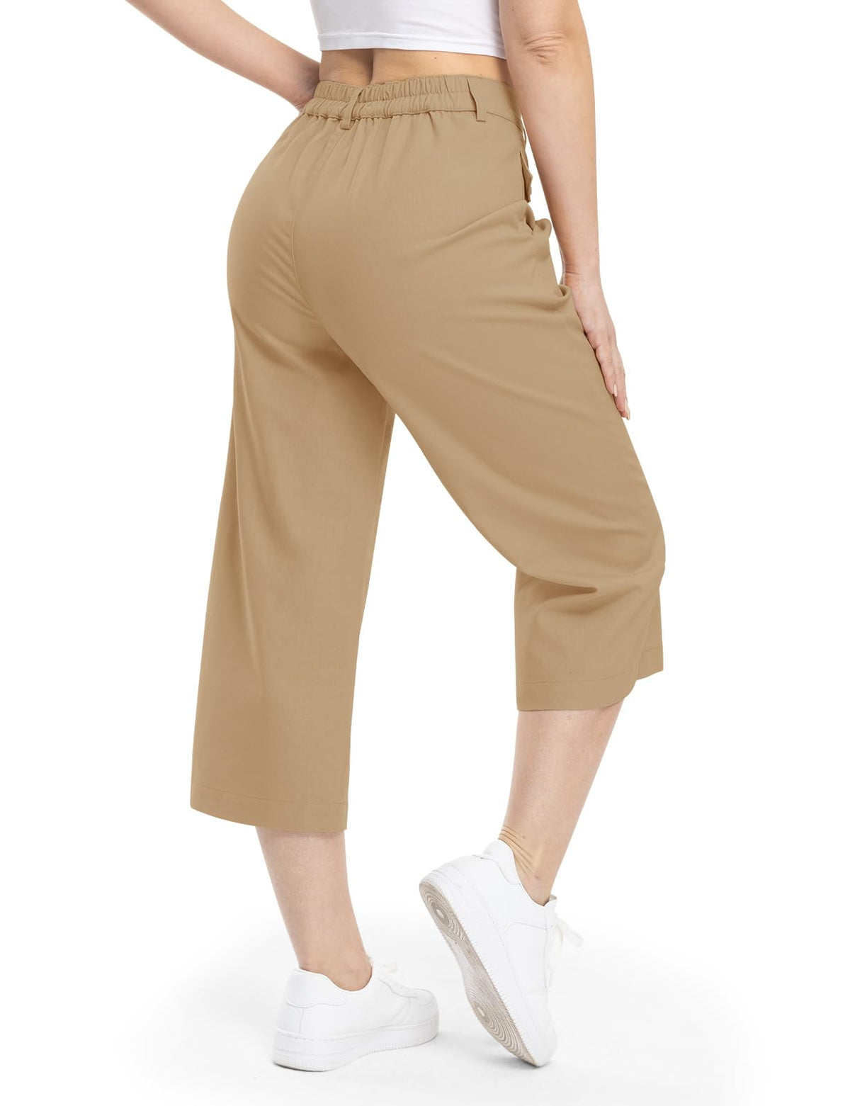 Rdruko Women's Linen Capri Pants Summer Wide Leg Cropped Pants Elastic Waist Loose Casual Palazzo Pants with Pockets,Dark Khaki,L