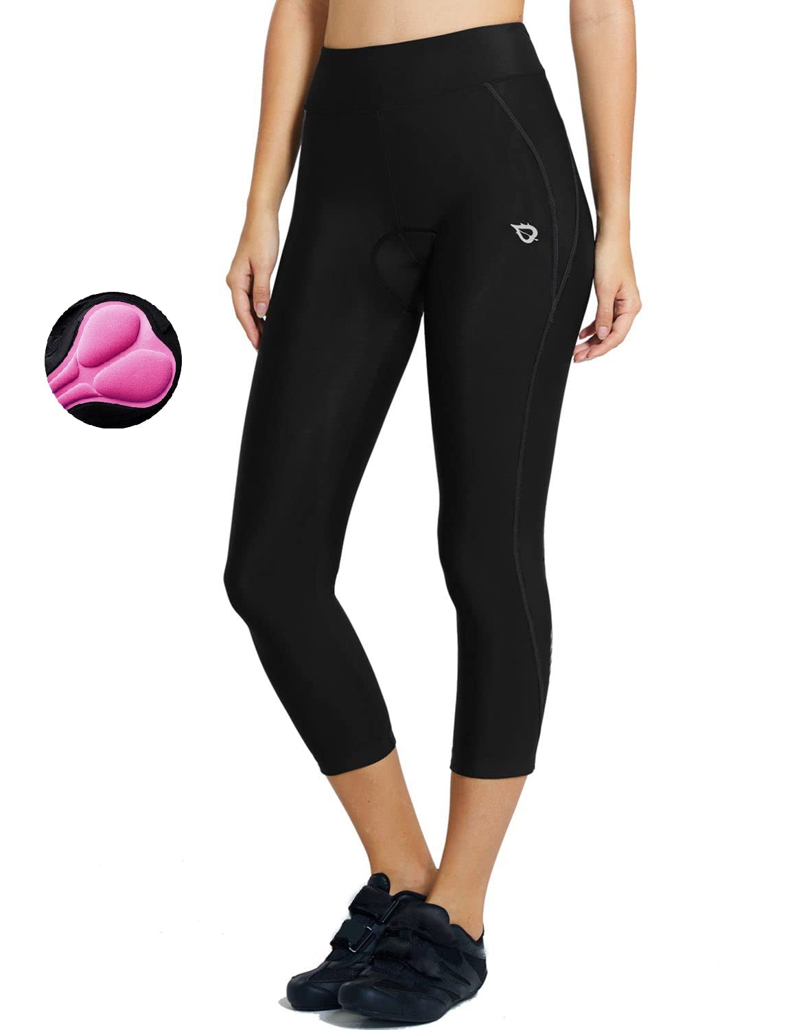 BALEAF Women's 3/4 Padded Cycling Leggings High Waisted Cycle Shorts Breathable Bike Shorts with Pockets Biking Pants UPF 50+ Anti-Slip Quick Dry Black-Line XL