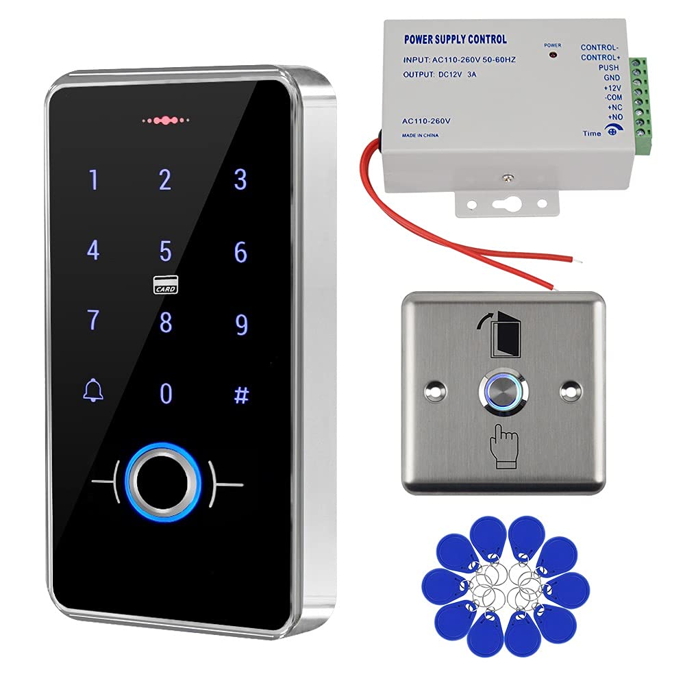 Gaocinys RFID Door Access Control System Kit IP68 Waterproof Fingerprint Keypad + 12V 3A Power Supply + Metal Door Switch Button + 10pcs IC Keychains for Home/Office/Apartment