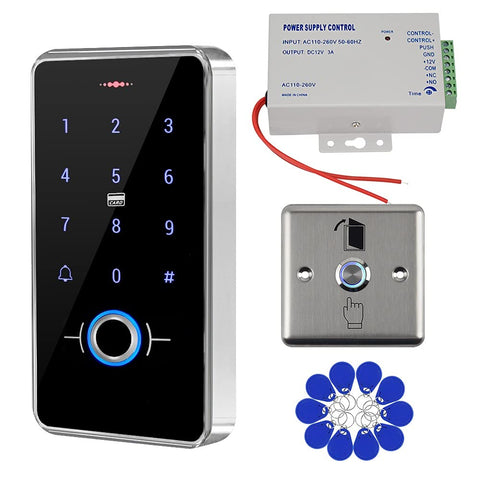 Gaocinys RFID Door Access Control System Kit IP68 Waterproof Fingerprint Keypad + 12V 3A Power Supply + Metal Door Switch Button + 10pcs IC Keychains for Home/Office/Apartment
