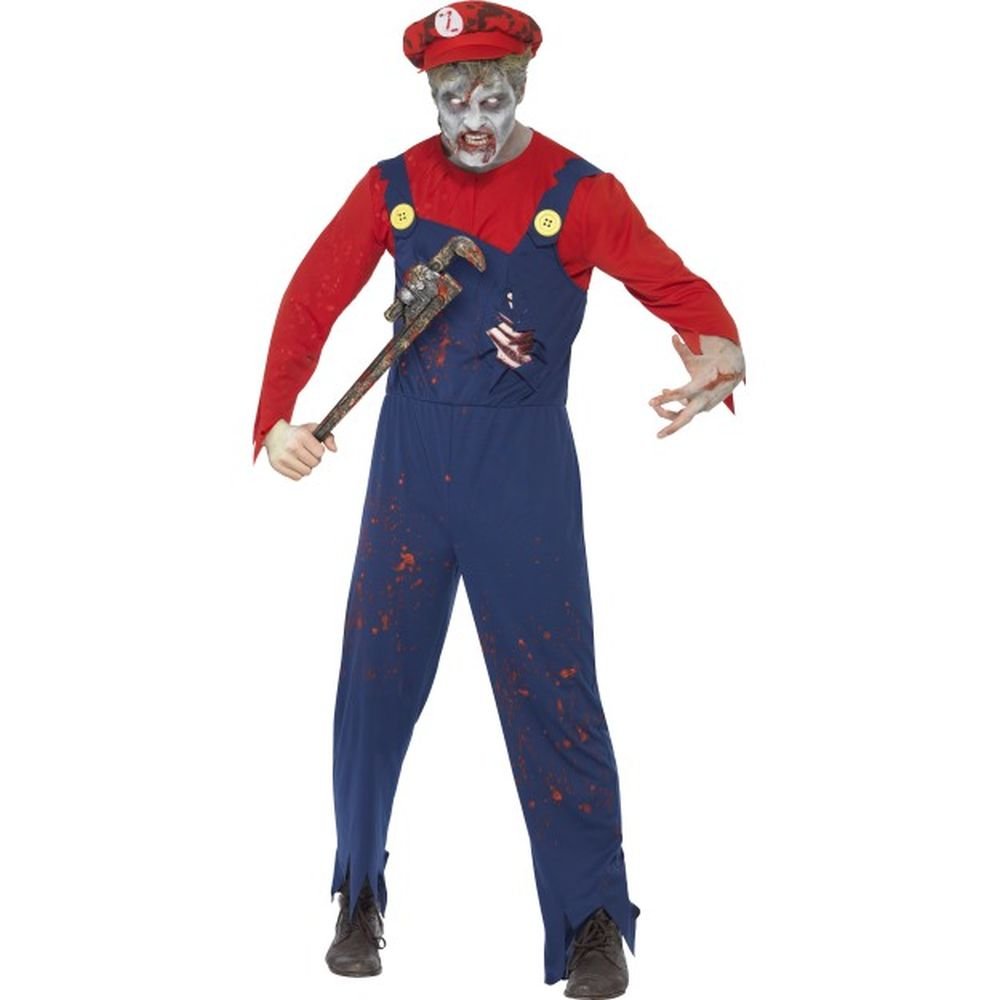 Smiffys Zombie Plumber Costume, Red & Blue with Top, Dungarees with Latex Ribcage & Hat, Halloween Zombie Alley Fancy Dress, Zombie Dress Up Costumes