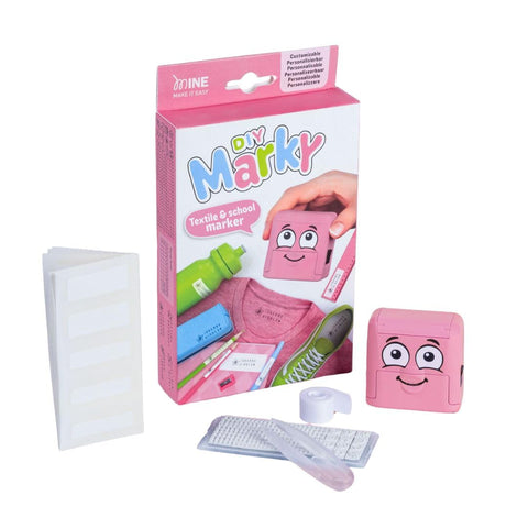 DIY MARKY - Customizable Stamp for Kids | for Children's Clothing and Items | Includes Ink for up to 1000 Impressions | Suitable for All Surfaces | Complete Set with Labels and Thermo Tape (Pink)