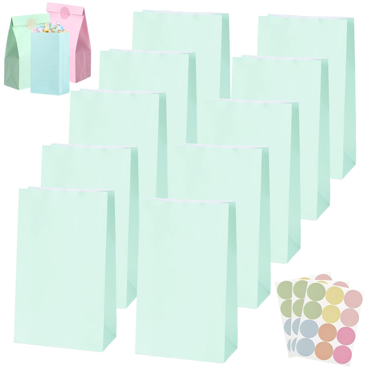 30Pcs Baby Green Gift Bags Paper Pastel Party Bags for Kids,Adult Party,Small Birthday Party Favour Bags Goodie Bags Candy Sweets Bag,Kraft Paper Bags with 36 Stickers for Presents,Xmas,Wedding Party